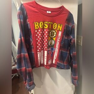 Custom-made Boston Teams Red and Blue flannel Shirt - Patriots Sox Bruins Celts